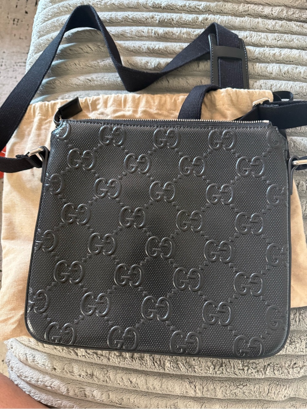 Gucci Black Embossed GG Messenger Bag with Webbed Strap